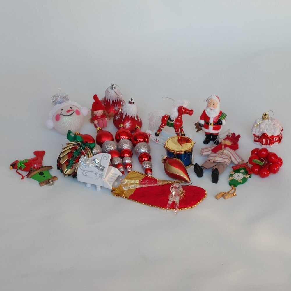 LARGE Christmas Ornament Lot of 22 Pieces Assorted Holiday Ornaments RED THEME